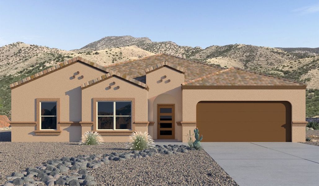 Front exterior of a new home in Sycamore Vista, Vail, AZ, highlighting curb appeal (Image 1).