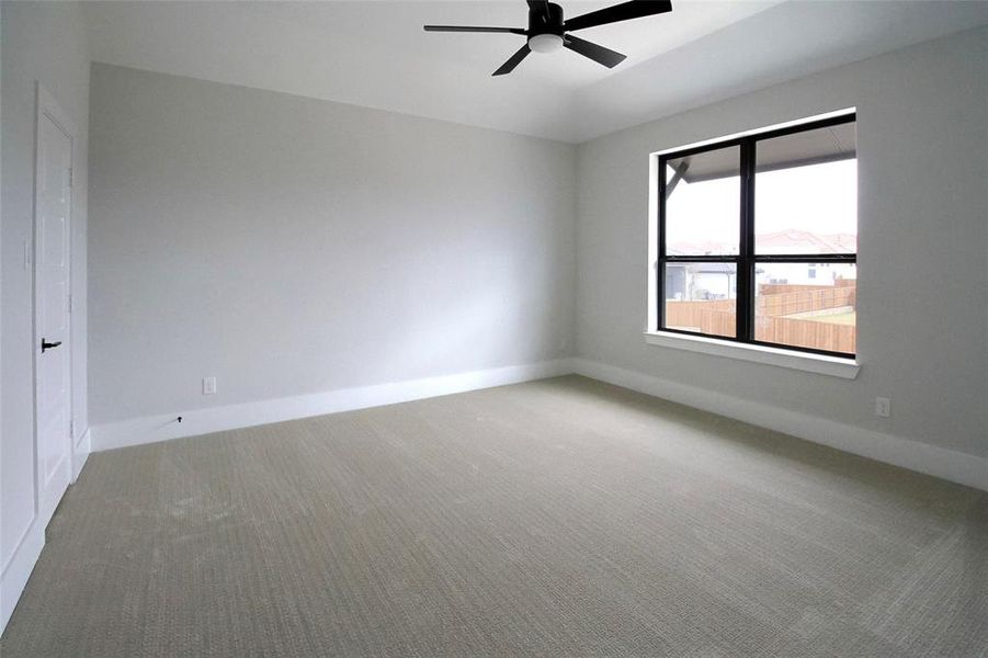 Spare room featuring carpet flooring and ceiling fan