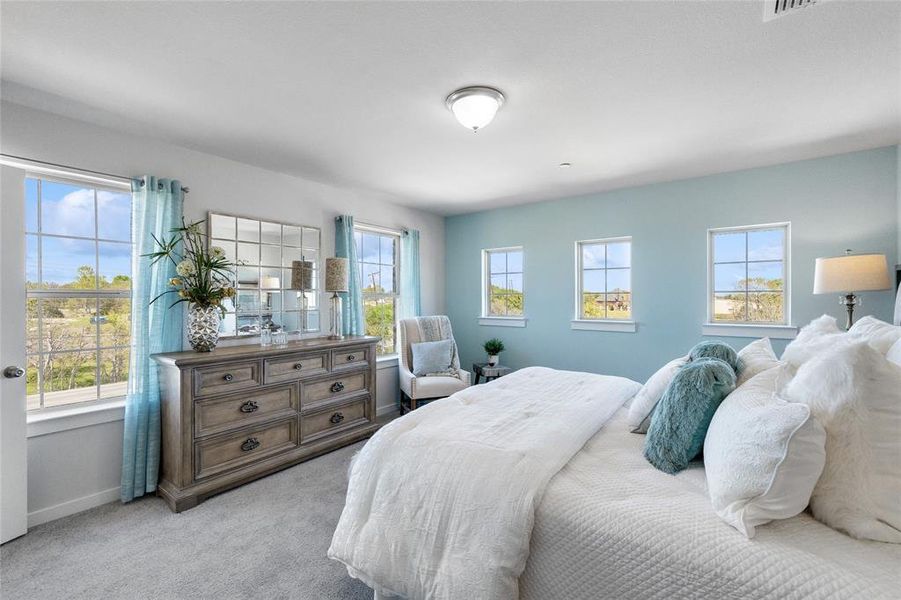 Bedroom featuring multiple windows and light colored carpet