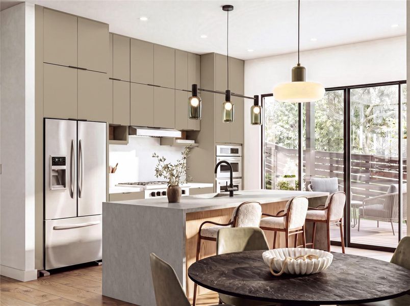 Floor-to-ceiling glass sliding doors connect a modern kitchen to the outdoor patio.