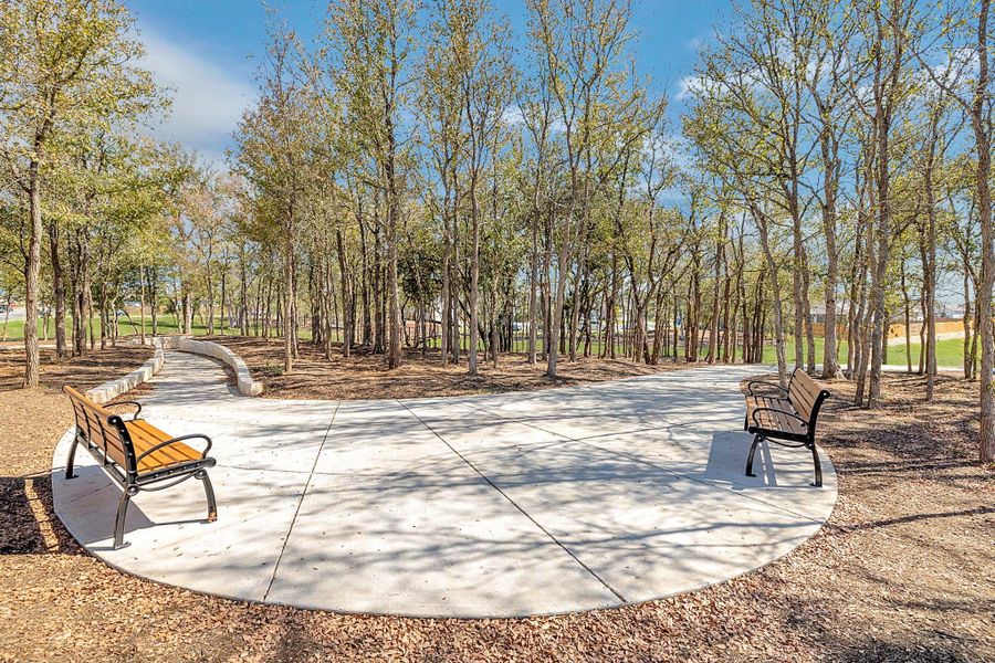 A tranquil outdoor space invites relaxation with ample seating amidst mature trees and a curving path. A tranquil outdoor space invites relaxation with ample seating amidst mature trees and a curving path.