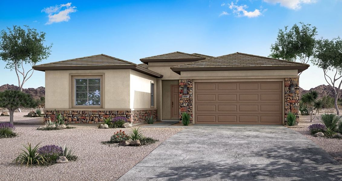 Front exterior of a new home in Black Rock at Verrado, Buckeye, AZ, highlighting curb appeal (Image 1). Front exterior of a new home in Black Rock at Verrado, Buckeye, AZ, highlighting curb appeal (Image 1).