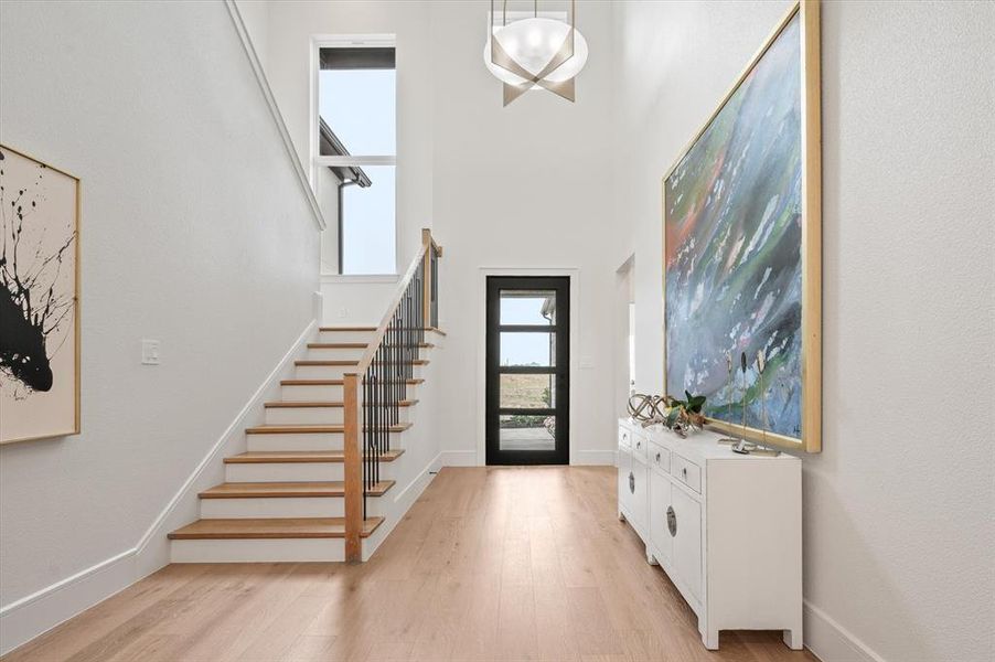 Foyer entrance with a high ceiling and light hardwood / wood-style flooring