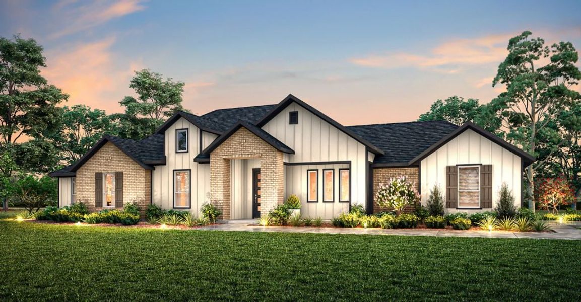 Representative exterior photo of a completed home built from the Juniper by Impression Homes in Carrera Ranch, Waxahachie, TX (Image 1). Representative exterior photo of a completed home built from the Juniper by Impression Homes in Carrera Ranch, Waxahachie, TX (Image 1).