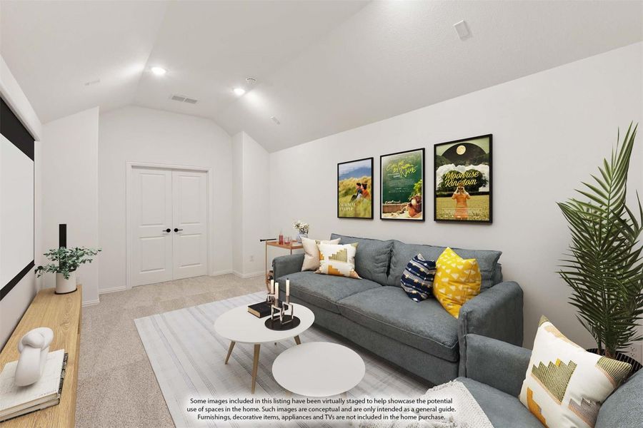 Media room with vaulted ceiling, gray sofa, projection screen, and framed movie posters on white walls Media room with vaulted ceiling, gray sofa, projection screen, and framed movie posters on white walls