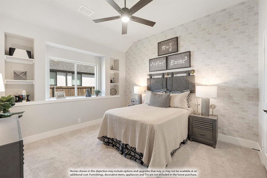 Bedroom with textured accent wall, ceiling fan, built-in shelves, and vaulted ceiling