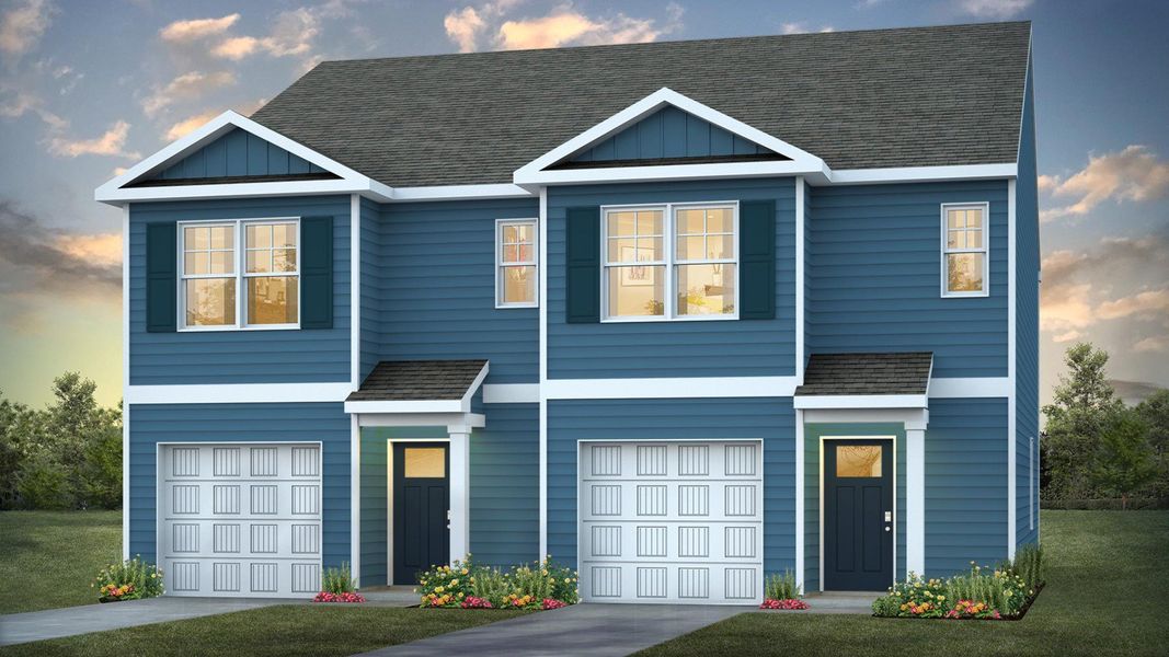 Front exterior of a new home in Grayson Park Duets, Leland, NC, highlighting curb appeal (Image 1).