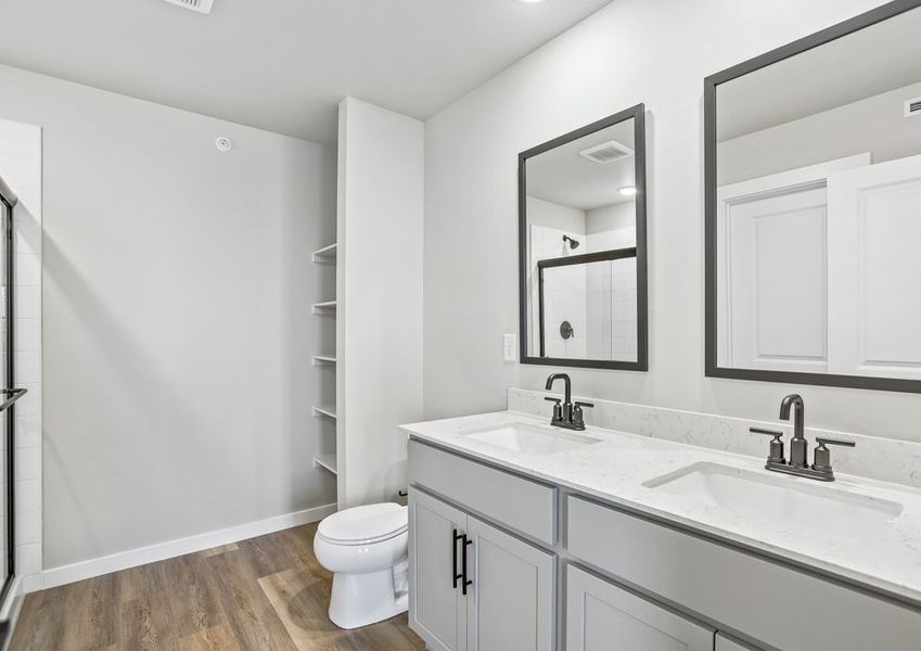 The master bathroom has a step in shower.