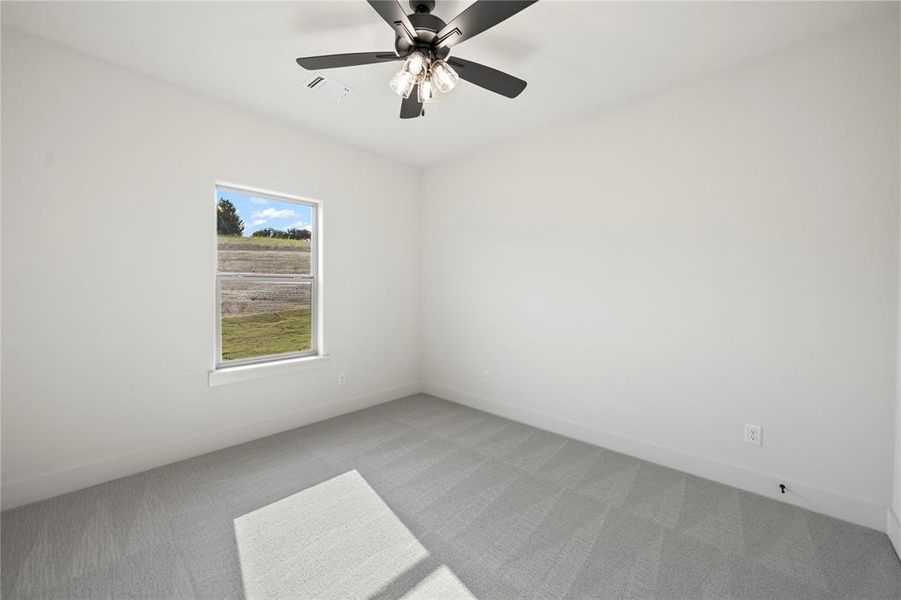 Spare room featuring carpet flooring and ceiling fan