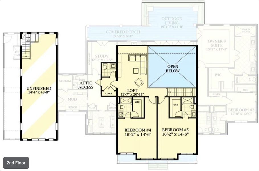 Second Story Floor Plan of Proposed Modern Farmhouse - $1,250 SF with Additional 630 SF Unfinished Space