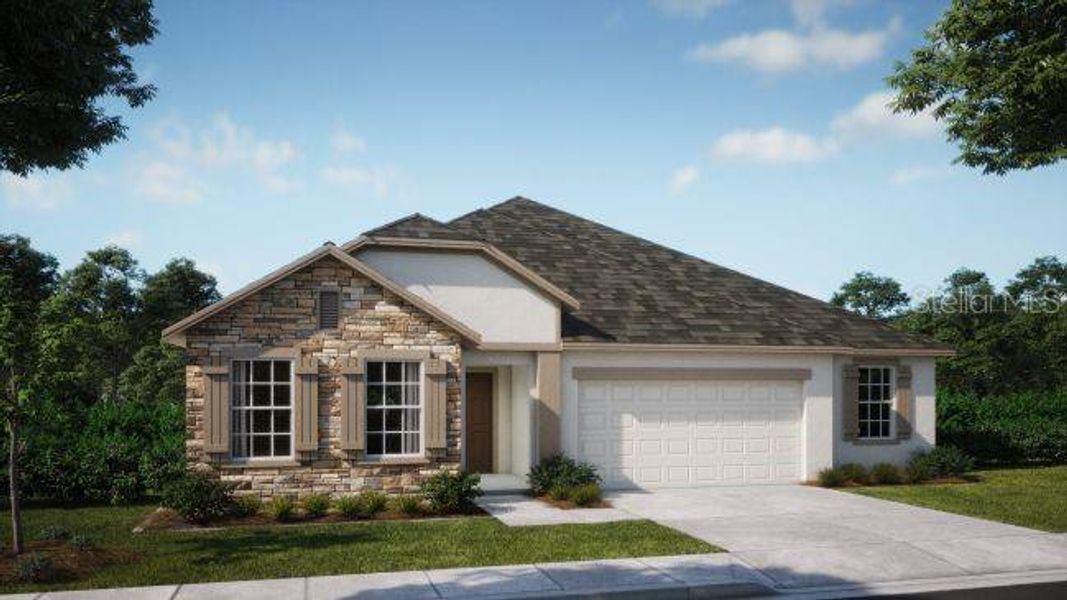 Front exterior of a new home in Royal Highlands, Weeki Wachee, FL, highlighting curb appeal (Image 1).