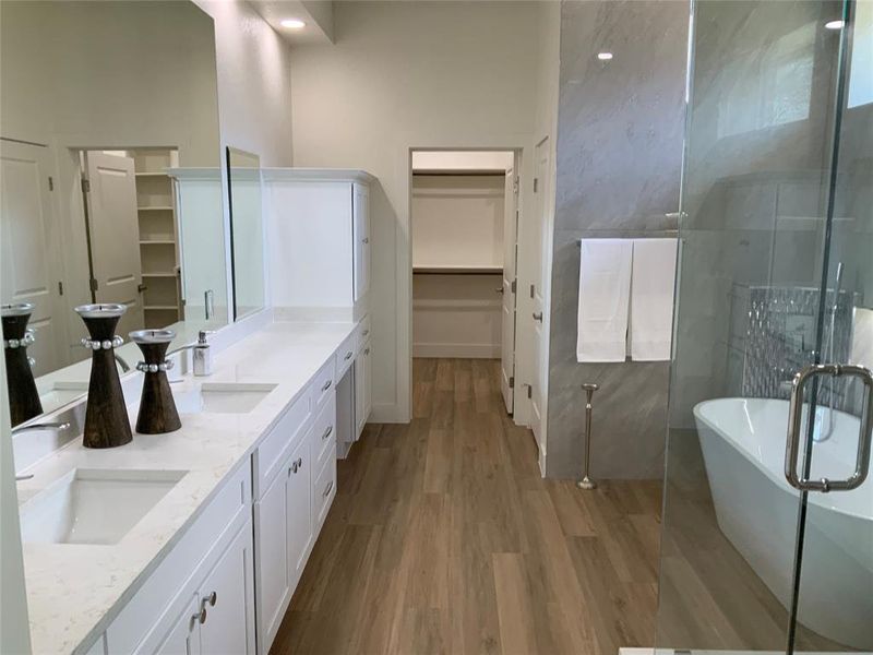Full bathroom with a spacious closet, double vanity, a soaking tub, dark wood-type flooring, and a shower with shower door Full bathroom with a spacious closet, double vanity, a soaking tub, dark wood-type flooring, and a shower with shower door