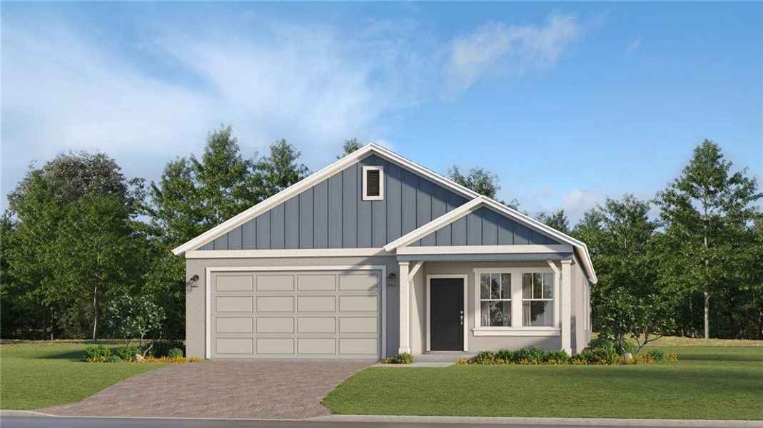 Front exterior of a new home in Lennar at Esplanade: Single Family Collection, Kissimmee, FL, highlighting curb appeal (Image 1).