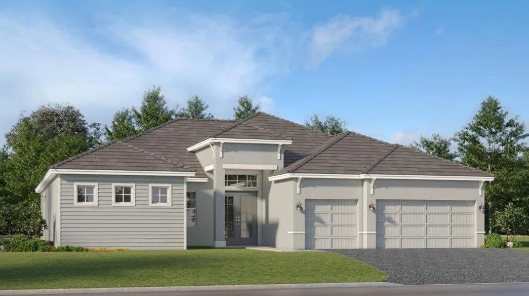 Front exterior of a new home in South Gulf Cove, Port Charlotte, FL, highlighting curb appeal (Image 1).