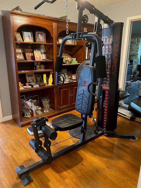 Workout area with hardwood / wood-style floors Workout area with hardwood / wood-style floors