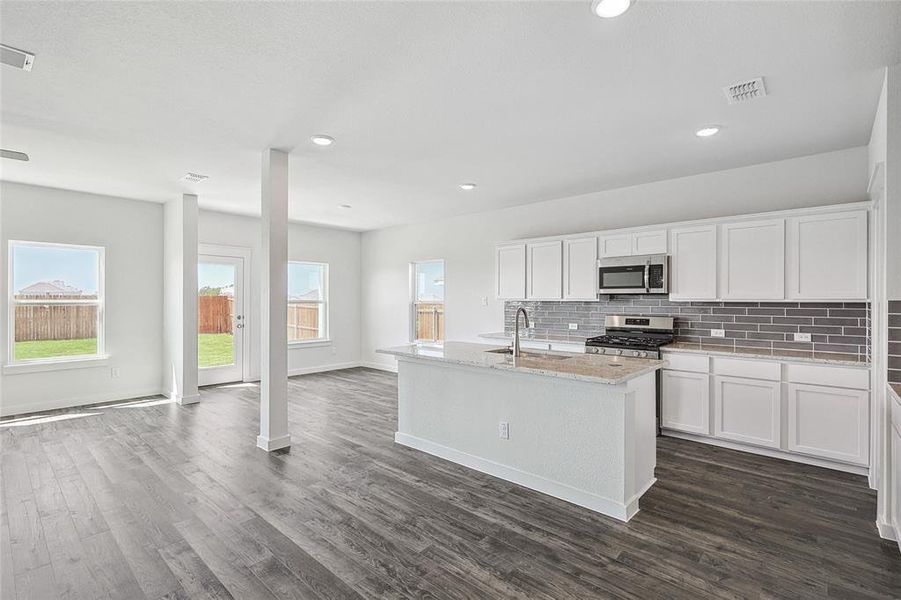 Kitchen with sink, dark hardwood / wood-style flooring, an island with sink, white cabinetry, and stainless steel appliances