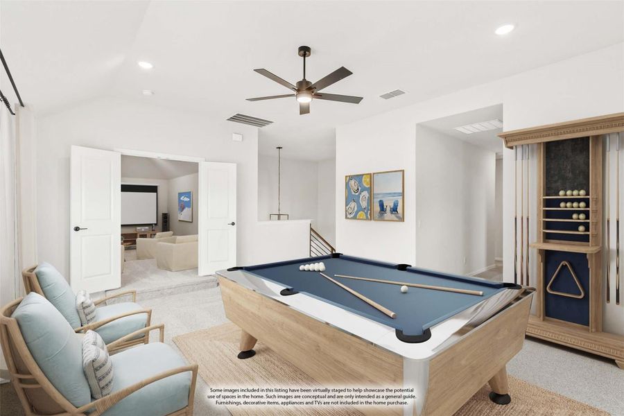 Game room with pool table, cue rack, ceiling fan, and seating area adjacent to media room Game room with pool table, cue rack, ceiling fan, and seating area adjacent to media room