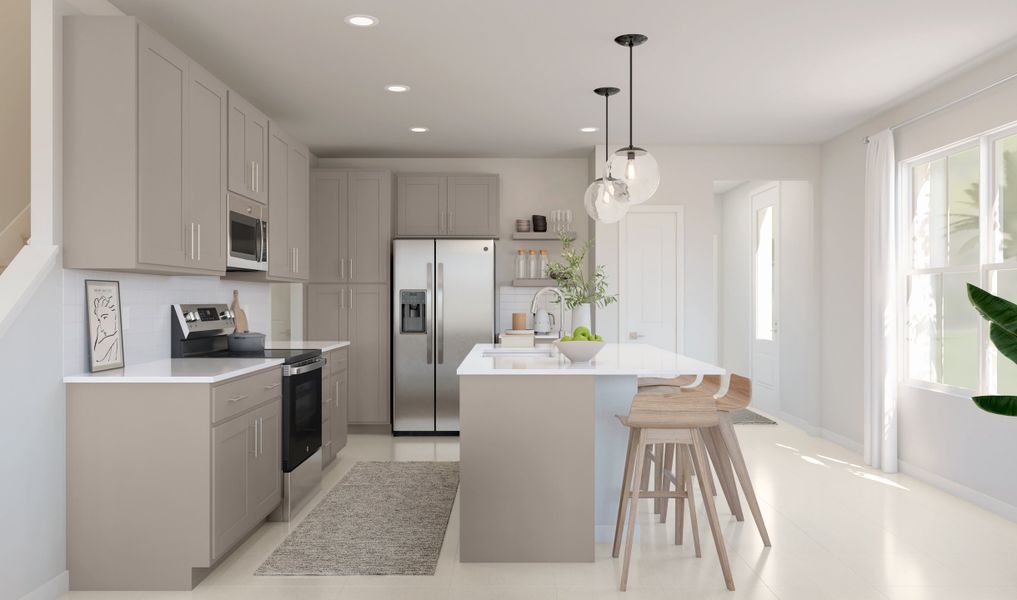 Kitchen with quartz island and countertops