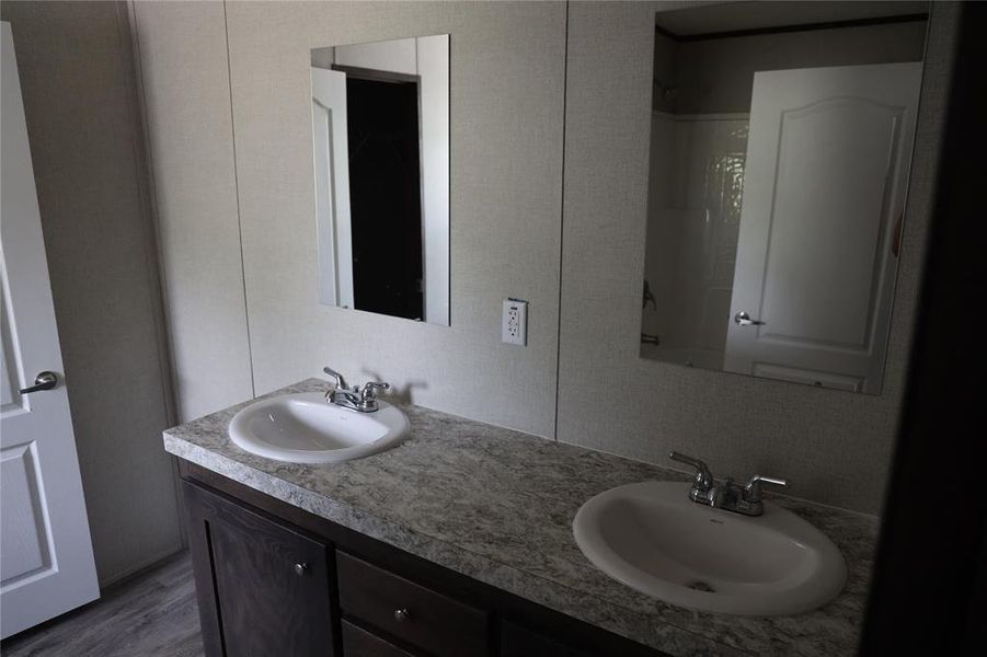 Bathroom with hardwood / wood-style flooring and dual bowl vanity