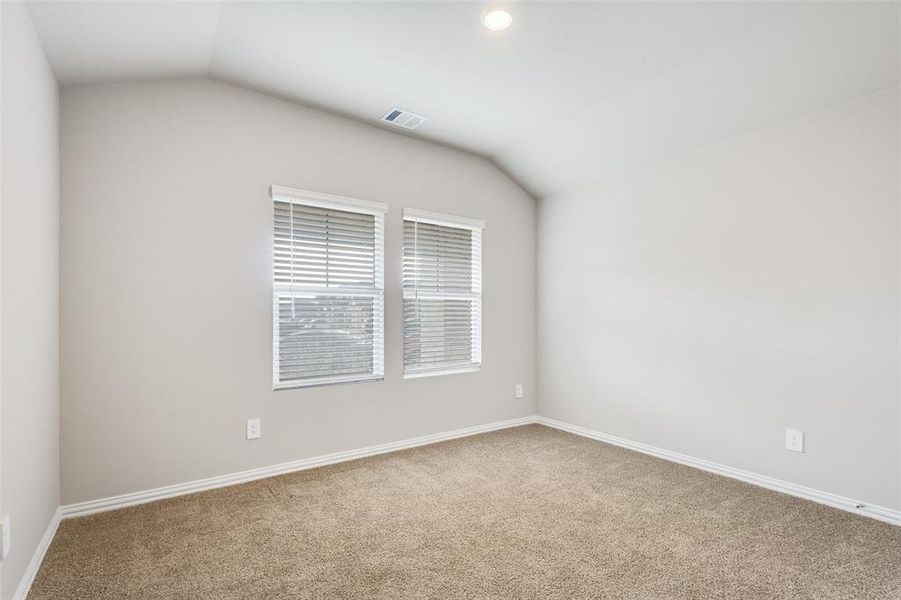 Empty room featuring carpet flooring and vaulted ceiling