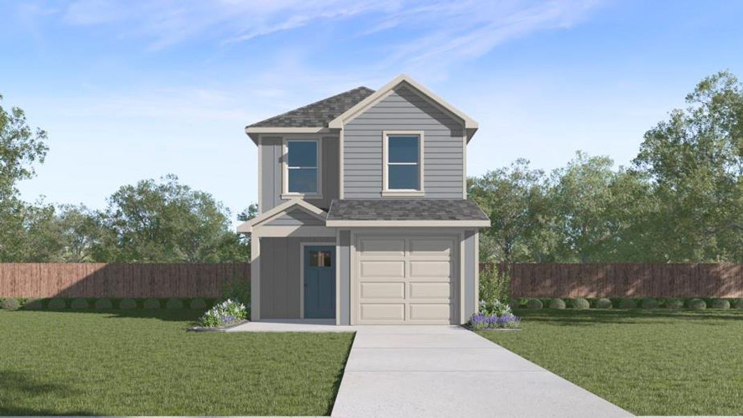 Two-story residence featuring grey horizontal siding and white trim Two-story residence featuring grey horizontal siding and white trim