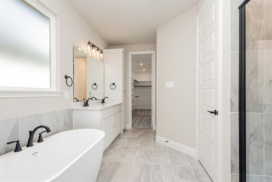 Bathroom featuring double vanity, a soaking tub, a walk in closet, and a stall shower