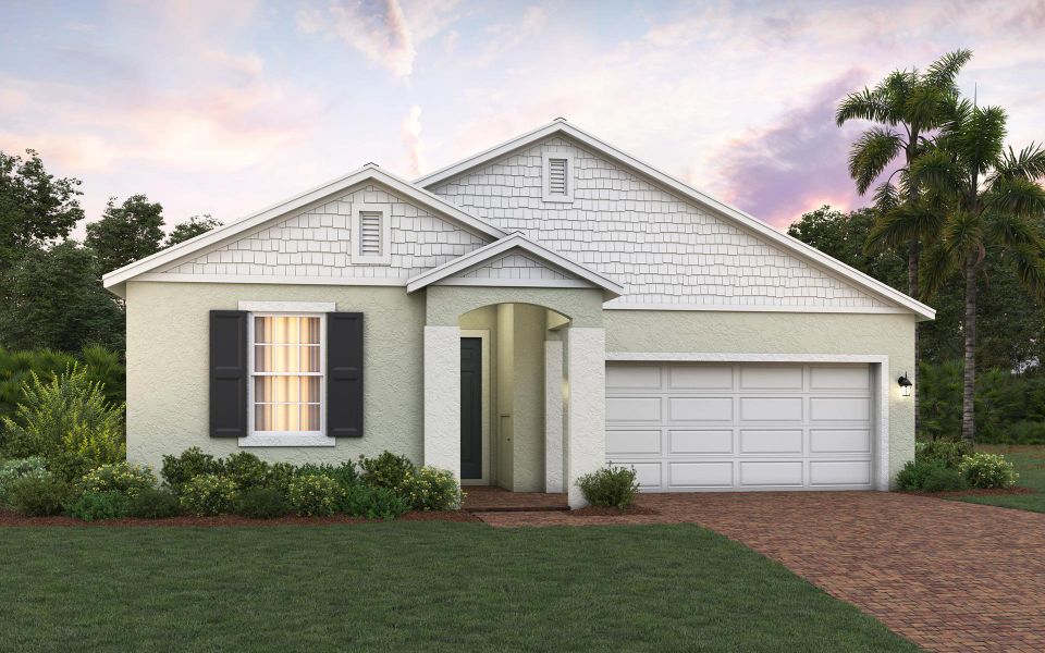 Front exterior of a new home in Pine Meadows Reserve, Eustis, FL, highlighting curb appeal (Image 2). Front exterior of a new home in Pine Meadows Reserve, Eustis, FL, highlighting curb appeal (Image 2).
