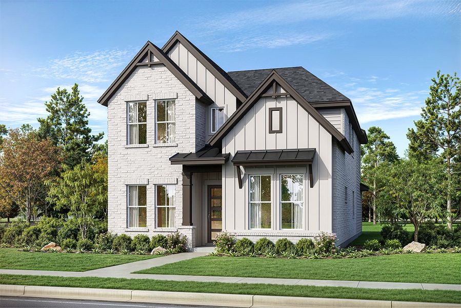 Representative exterior photo of a completed home built from the Calero by Landon Homes in Fields - East Village, Frisco, TX (Image 23). Representative exterior photo of a completed home built from the Calero by Landon Homes in Fields - East Village, Frisco, TX (Image 23).