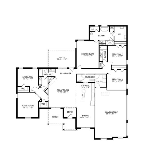 2D floor plan layout for the Wildwood SE by Sandlin Homes in Settler's Glen, New Fairview, TX (Image 5).