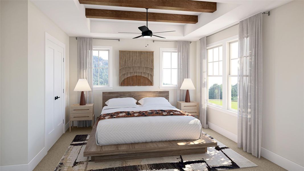 Carpeted bedroom with ceiling fan, beam ceiling, and a tray ceiling
