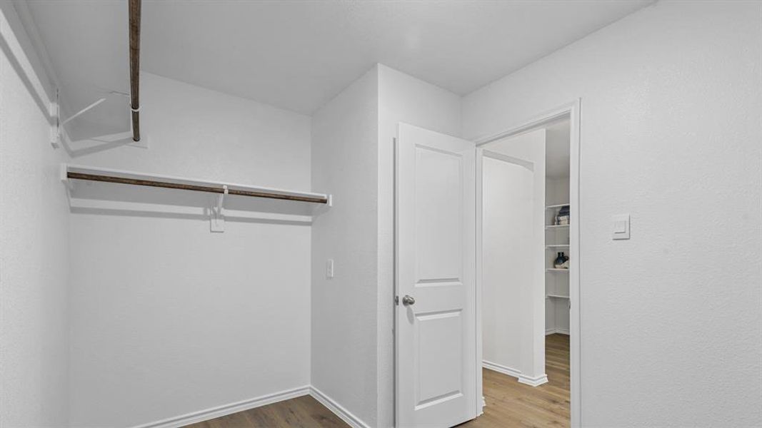 Walk in closet featuring dark wood-style floors Walk in closet featuring dark wood-style floors