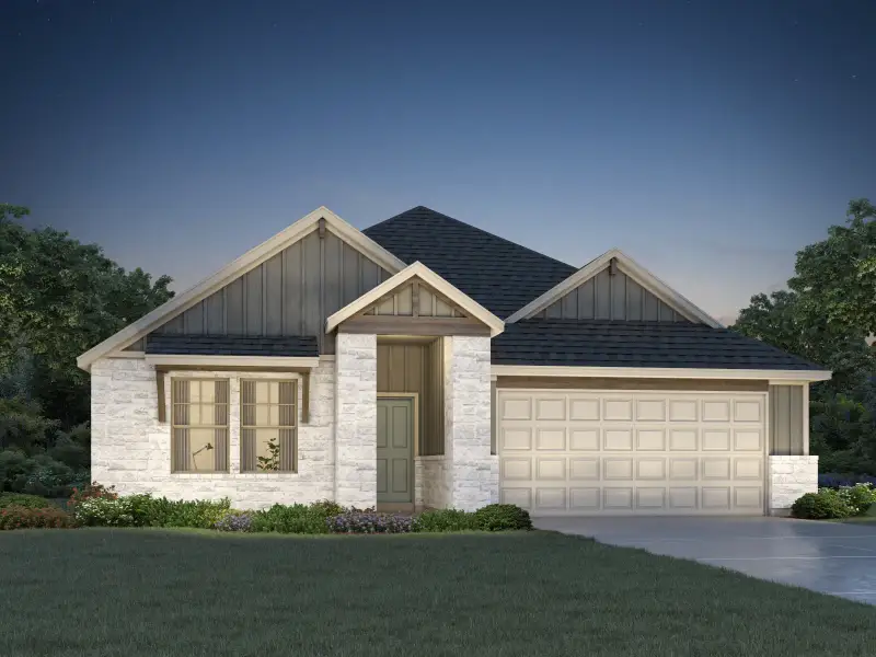 Front exterior of a new home in Prairie Winds - Boulevard Collection, Hutto, TX, highlighting curb appeal (Image 1). Front exterior of a new home in Prairie Winds - Boulevard Collection, Hutto, TX, highlighting curb appeal (Image 1).