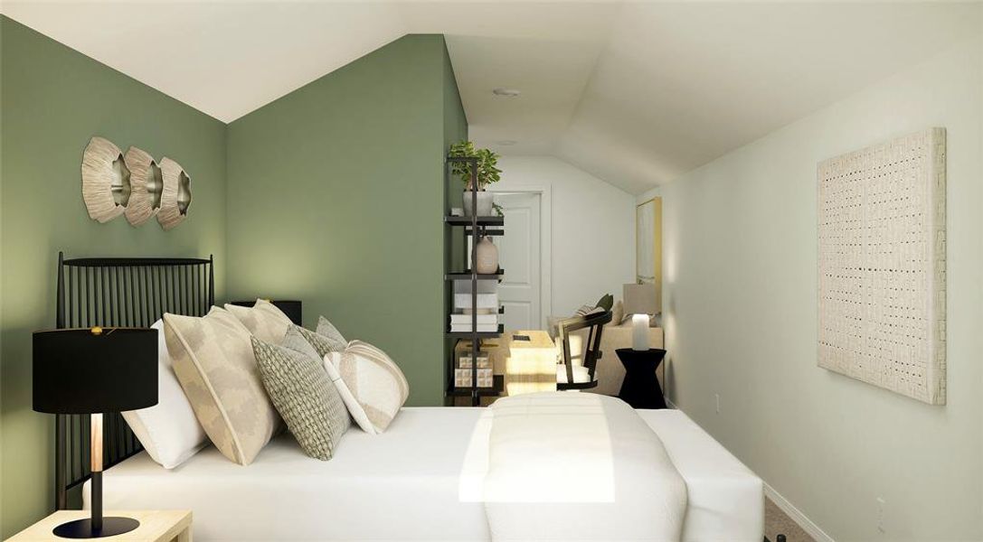Bedroom featuring lofted ceiling and carpet Bedroom featuring lofted ceiling and carpet