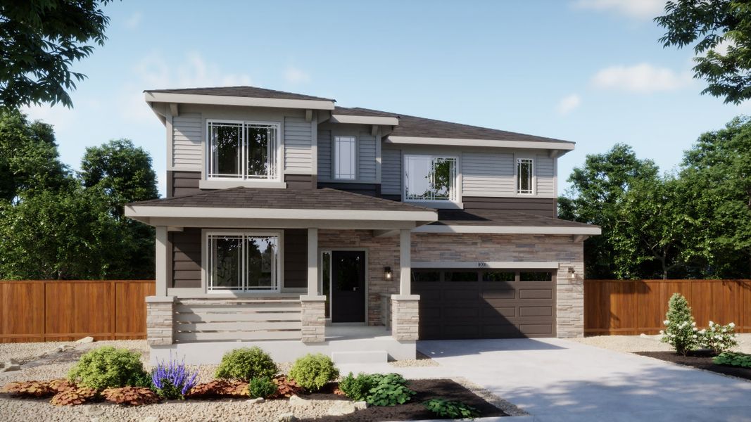 Representative exterior photo of a completed home built from the 4009 by Risewell Homes in Harvest Crossing, Aurora, CO (Image 3). Representative exterior photo of a completed home built from the 4009 by Risewell Homes in Harvest Crossing, Aurora, CO (Image 3).