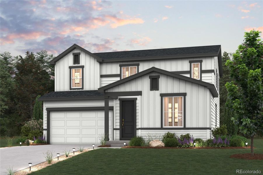 Front exterior of a new home in Spring Valley Ranch, Elizabeth, CO, highlighting curb appeal (Image 1).