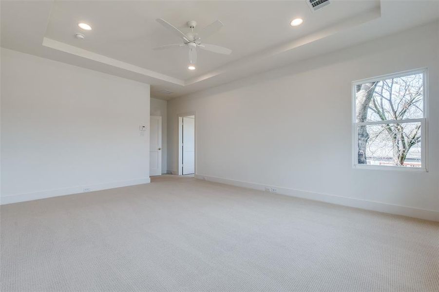 Carpeted spare room featuring a raised ceiling and ceiling fan