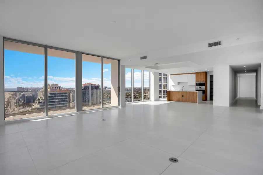 Kitchen, dining, and living area