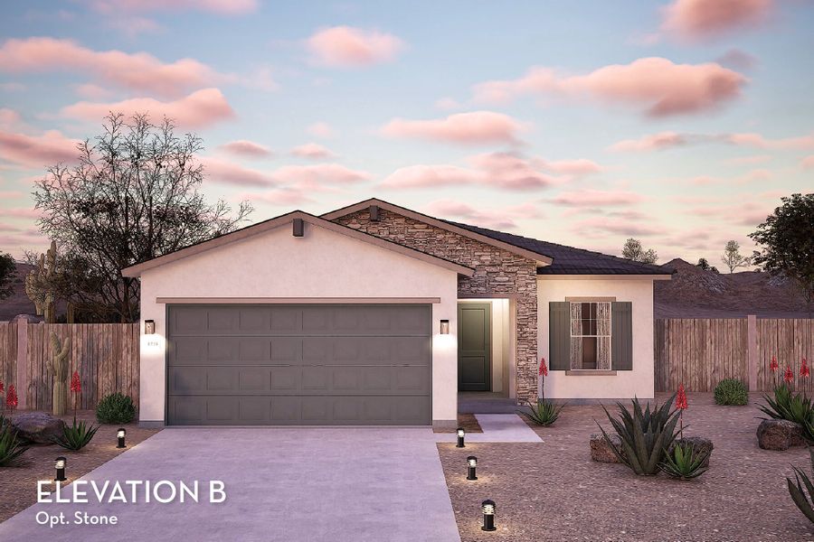 Representative exterior photo of a completed home built from the Aztec by CastleRock Communities in Hayden Estates, Buckeye, AZ (Image 4). Representative exterior photo of a completed home built from the Aztec by CastleRock Communities in Hayden Estates, Buckeye, AZ (Image 4).