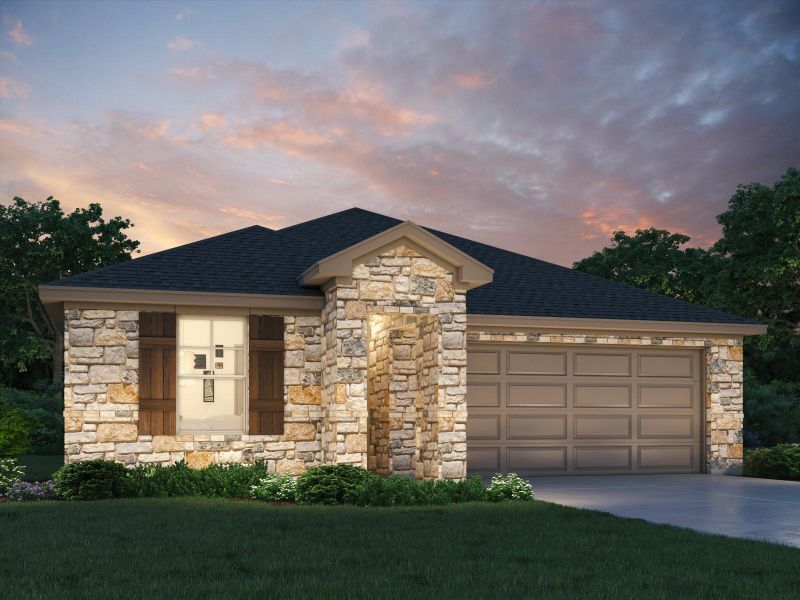 Front exterior of a new home in Big Sky Ranch - Reserve Collection, Dripping Springs, TX, highlighting curb appeal (Image 1). Front exterior of a new home in Big Sky Ranch - Reserve Collection, Dripping Springs, TX, highlighting curb appeal (Image 1).