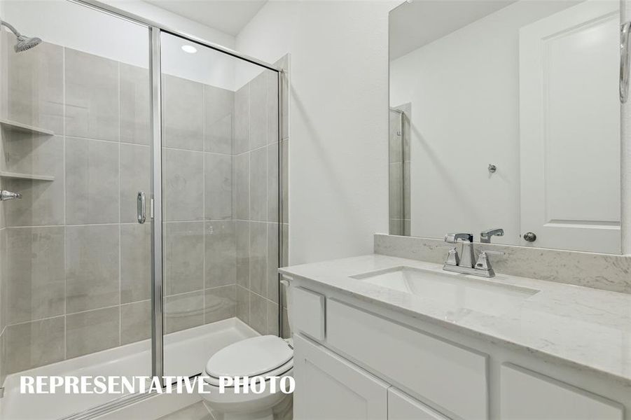 Guests will feel right at home in any of the secondary baths offered in our Orleans floor plan.  REPRESENTATIVE PHOTO