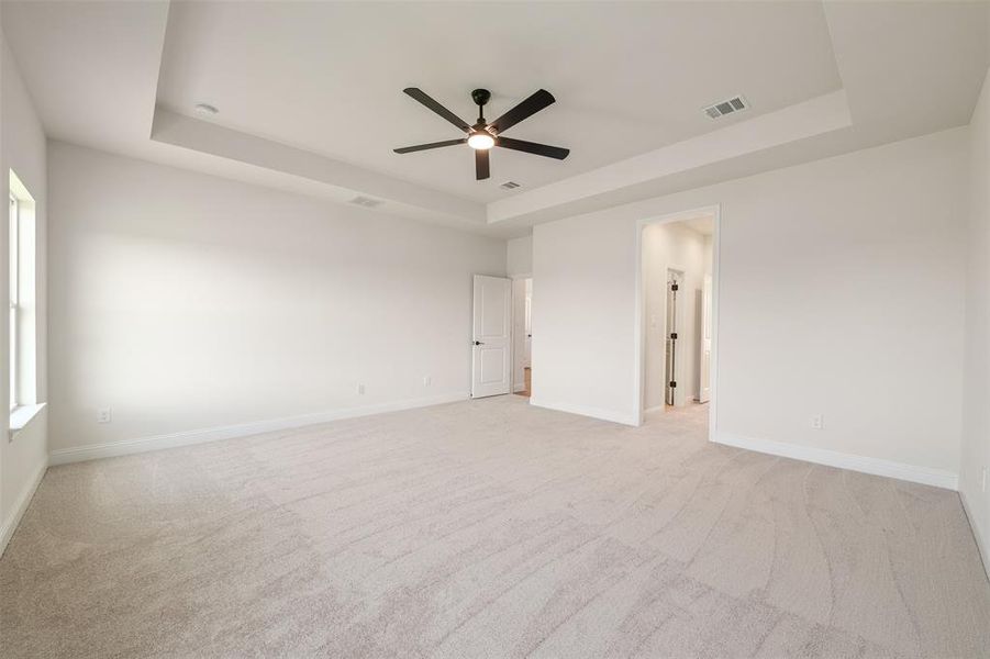Unfurnished room featuring a raised ceiling, a ceiling fan, and light colored carpet