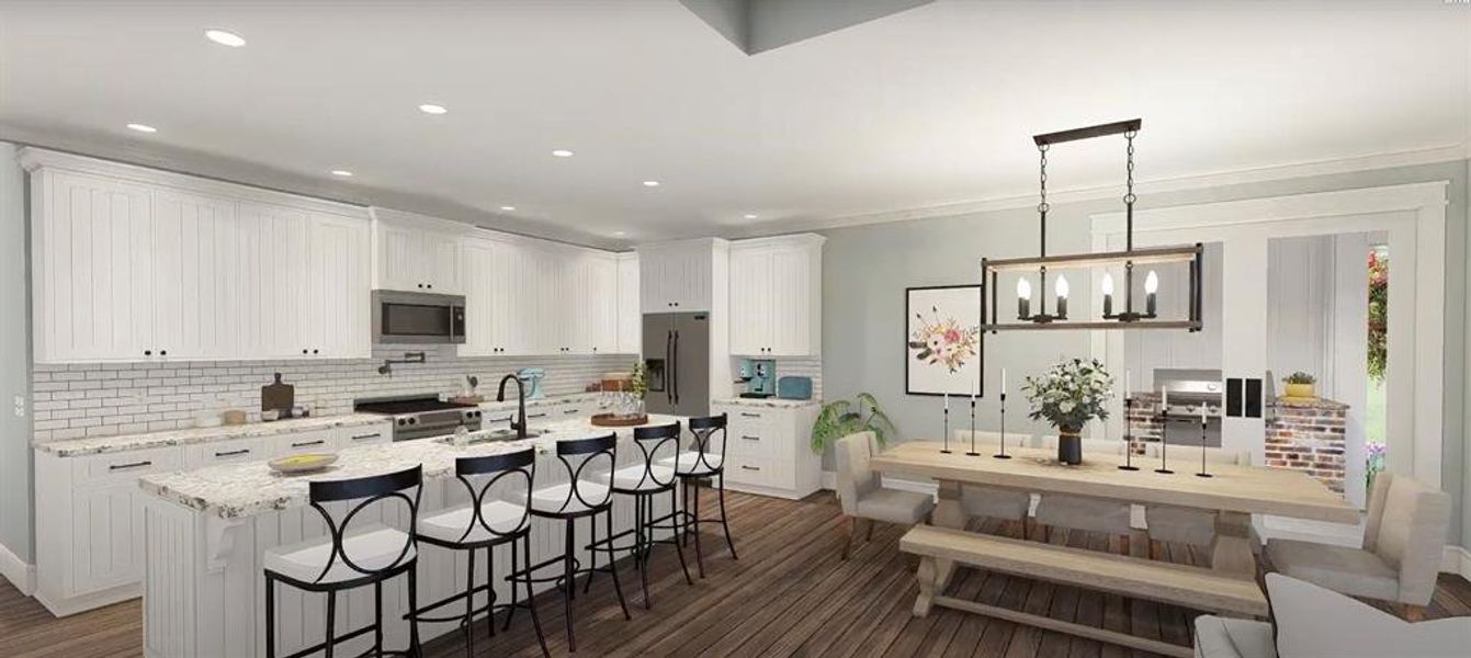 Kitchen featuring appliances with stainless steel finishes, dark hardwood / wood-style flooring, an island with sink, pendant lighting, and a kitchen bar