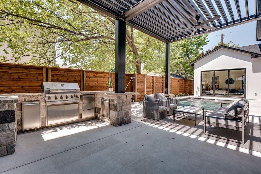 View of patio with an outdoor living space, a pergola, and area for grilling