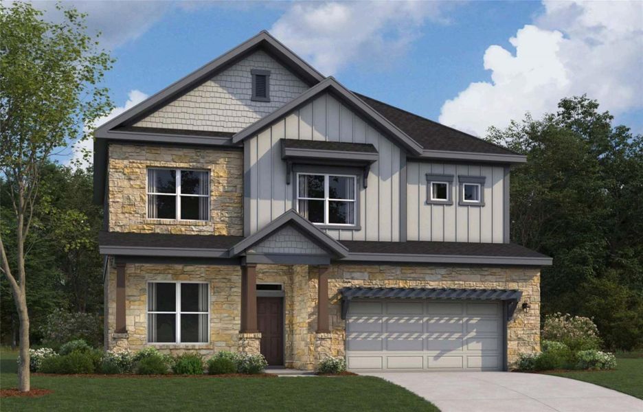 Front exterior of a new home in Edgewood, Leander, TX, highlighting curb appeal (Image 1). Front exterior of a new home in Edgewood, Leander, TX, highlighting curb appeal (Image 1).