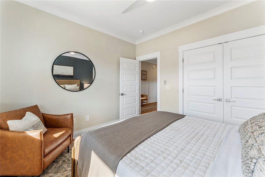 Bright and airy bedroom with modern finishes and a