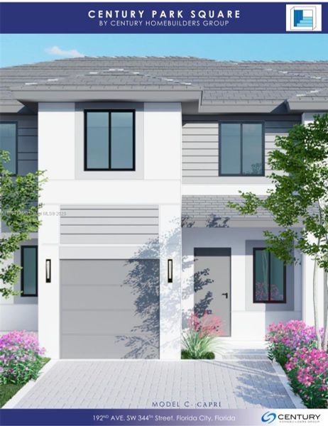Front exterior of a new home in Century Park Square, Homestead, FL, highlighting curb appeal (Image 1).