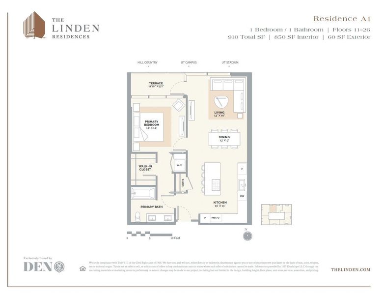 A1 Floor Plan featuring 1 bedroom & 1 bathroom. The spacious layout includes an open living and dining area, complemented by a modern kitchen with high-end appliances and an island for additional seating. This unit offers breathtaking views of Hill Country and UT Campus. Residents will also enjoy access to a full level of elevated amenities.