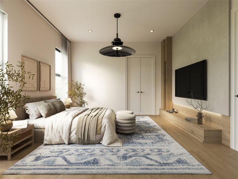 Warm wood flooring and clean architectural lines create a peaceful, minimalist sanctuary.