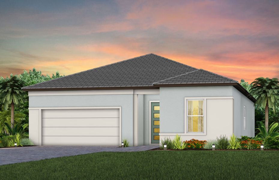 Representative exterior photo of a completed home built from the Prestige by Del Webb in Del Webb Explore North River Ranch, Parrish, FL (Image 1). Representative exterior photo of a completed home built from the Prestige by Del Webb in Del Webb Explore North River Ranch, Parrish, FL (Image 1).