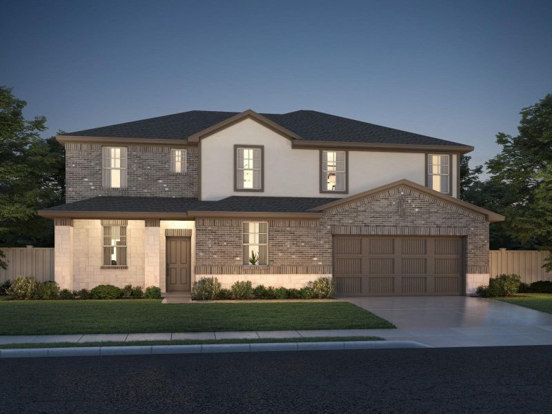 View of front of property with driveway, brick siding, and stucco siding